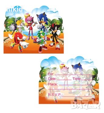 10 бр покани картонени Соник Sonic за парти рожден ден