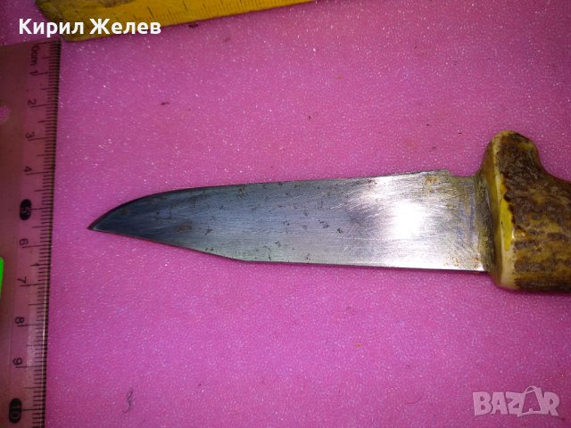 ПЕТКО ДЕНЕВ Неръждаем СТАР МАЙСТОРСКИ АВТОРСКИ ЛОВЕН НОЖ с ДРЪЖКА от ЕЛЕНОВ РОГ - РЪЧЕН УНИКАТ 43126, снимка 9 - Ножове - 44116373