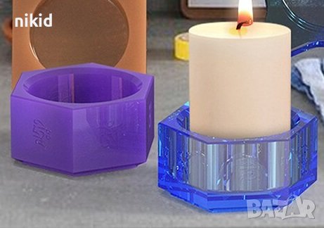 Шестоъгълник поставка основа за свещ силиконов молд форма калъп за смола гипс шоколад свещник, снимка 2 - Форми - 37041088