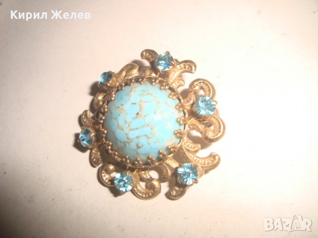 СТАРИННА АРТ ДЕКО ПОЗЛАТЕНА БРОНЗОВА БРОШКА с ЕСТЕСТВЕН ТЮРКОАЗ и САПФИР-КРИСТАЛ КАМЪНИ , снимка 8 - Други - 32266761