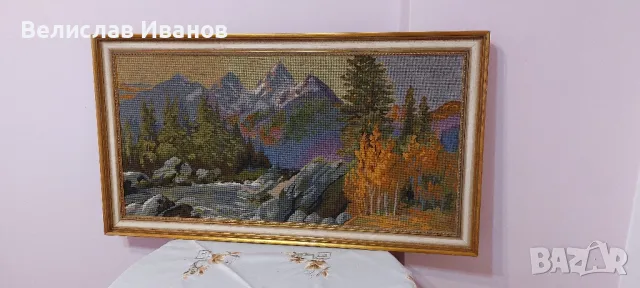 Антикварен гоблен планински пейзаж в перфектно състояние. , снимка 8 - Гоблени - 50245224