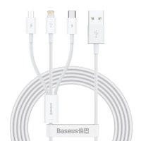 Кабел USB към Lightning, Type C и Micro USB 3 в 1 3.5А Baseus CAMLTYS-02 1.5m Бяла оплетка, снимка 1 - USB кабели - 38580627