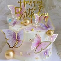 10 пеперуди картонени златен контур на тел розови лилави топери украса декор за торта, снимка 5 - Други - 29247526
