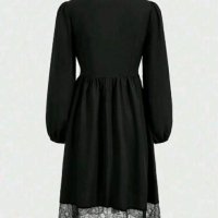 Дамска готик черна рокля с дантела и сатенена пандела, дълъг ръкав ROMWE, снимка 2 - Рокли - 44001808