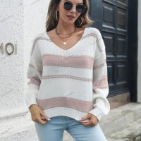 Дамски раиран пуловер с падащи ръкави с V-образно деколте, 2цвята - 023, снимка 11 - Блузи с дълъг ръкав и пуловери - 39633202