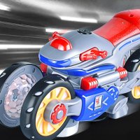 Каскадна, светеща играчка мотор, въртяща се на 360 градуса с подвижни гуми, снимка 6 - Коли, камиони, мотори, писти - 43218608