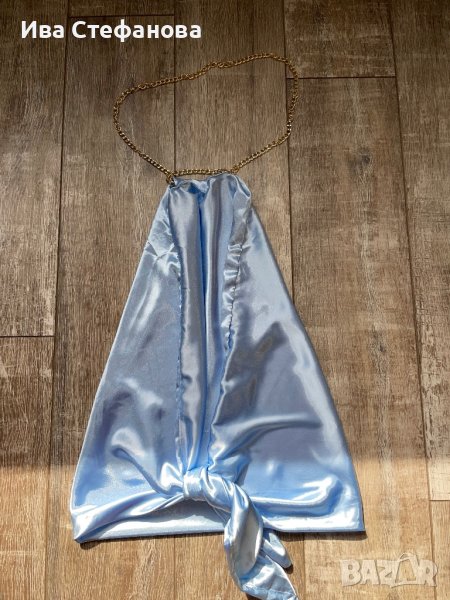 Разкошен официален сатен парти елегантен  сатенен светло бебешко син топ , снимка 1