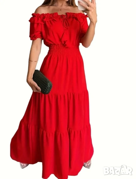 Дълга червена лятна рокля с паднали ръкави, снимка 1
