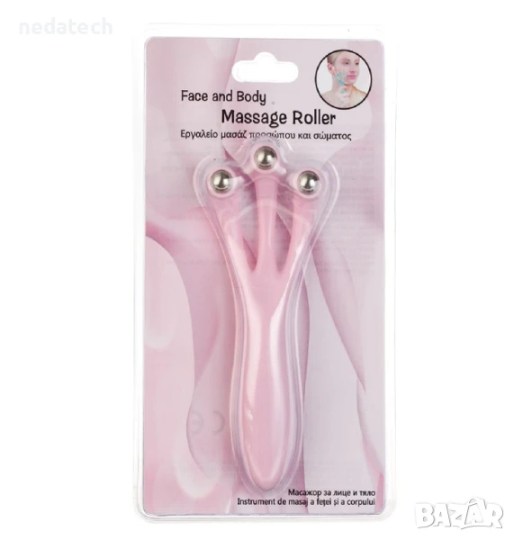 Масажен ролер за лице и тяло, Розов, 14x5x2.5 см., снимка 1