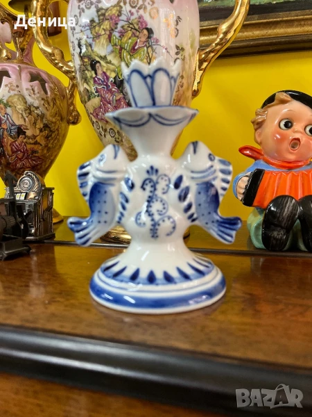 Гжел 🫶 Свещник Русия Ръчно рисуван Височина-13.5 см , снимка 1