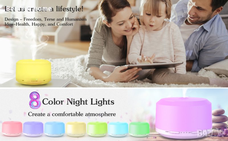 Арома дифузер/ овлажнител с ЛЕД светлина 450 мл от LUSCREAL, снимка 1