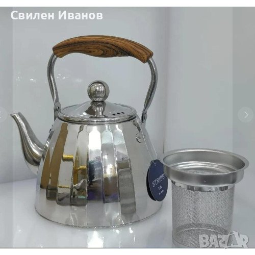 Чайник от неръждаема стомана с фина цедка и дървена дръжка, 2L, снимка 1
