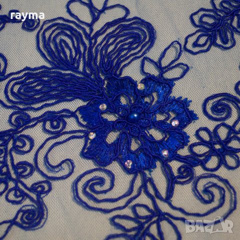 Плат дантела Armani с камъни и перлички цвят турско синьо синьо, снимка 5 - Рокли - 27660545