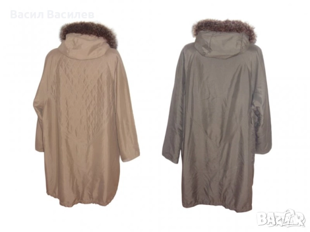 Дамско шушляково палто двулицево бежаво кафяво с качулка естествен косъм, снимка 2 - Якета - 51931320