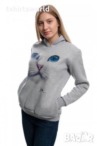 Нов дамски суичър с 3D принт сива Котка със сини очи, снимка 7 - Суичъри - 27502878