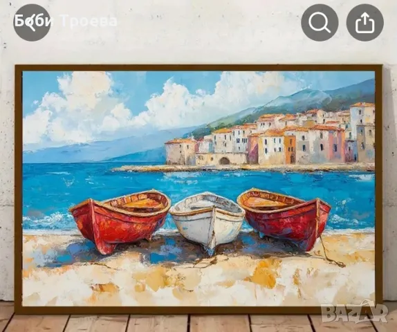 Пейзаж с три лодки на плажа пред италианския брегови град, снимка 2 - Картини - 49140247