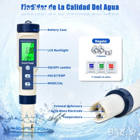 Poctme  5 в 1 тестер за вода -  pH/TDS/EC/Соленост/Температура, снимка 7 - Друга електроника - 51855880