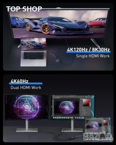 2 в 1 Адаптер USB C към двоен HDMI, снимка 6 - Кабели и адаптери - 49457606