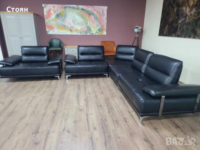Черен кожен ъглов диван и фотьойл Artemis с електрически облегалки, снимка 9 - Дивани и мека мебел - 43552710