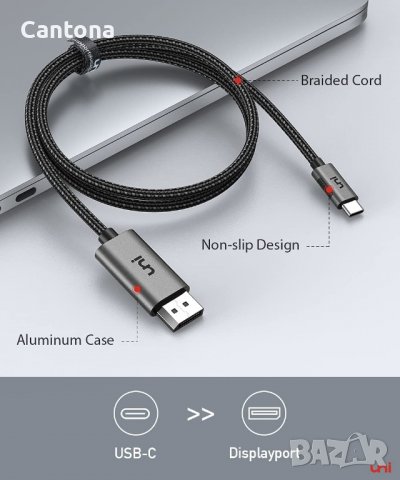 USB C към DisplayPort кабел (4K 60 Hz, 2K 165 Hz), алуминиев корпус, найлонова оплетка, Thunderbolt , снимка 2 - Кабели и адаптери - 38543915