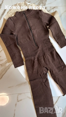 Кафяв рипс дълъг гащеризон с цип, снимка 2 - Гащеризони - 52308664