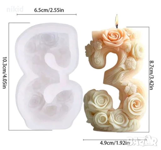 Голяма Цифра число 3 с цветя силиконов молд форма фондан шоколад гипс декор свещ, снимка 3 - Форми - 50416526