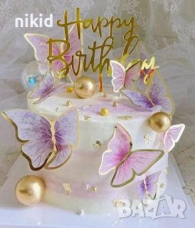 10 пеперуди картонени златен контур на тел розови лилави топери украса декор за торта, снимка 5 - Други - 29247526