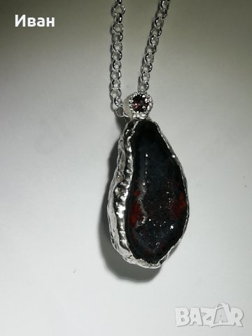 Сребърно колие с геода и сапфир , снимка 4 - Колиета, медальони, синджири - 43029617