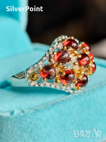 Сребърен пръстен с Гранати кабошони, снимка 2 - Пръстени - 53105100