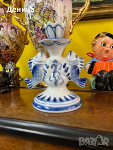 Гжел 🫶 Свещник Русия Ръчно рисуван Височина-13.5 см 