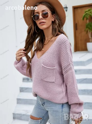 Дамски моден пуловер с джоб с V-образно деколте, 2цвята , снимка 4 - Блузи с дълъг ръкав и пуловери - 38989095