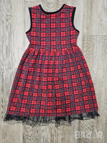Комплект памучна карирана червена празнична детска рокля с болеро ръст 134, снимка 3 - Детски рокли и поли - 48092416