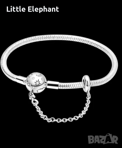 Сребърна гривна Пандора,зм. плетка със закопчалка"Луна,Звезди" и вис. част,19 см,колекция"Stars/нова