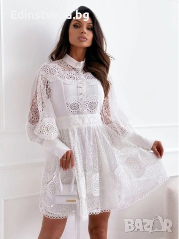 Дамска бяла рокля от дантела с буфан ръкави и яка, снимка 4 - Рокли - 52329107