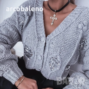 Дамски сив пуловер/жилетка с пайети , снимка 9 - Блузи с дълъг ръкав и пуловери - 51907792