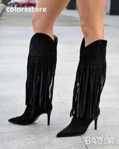 Ботуши на ток - черен велур - RS52, снимка 2 - Дамски ботуши - 48435664