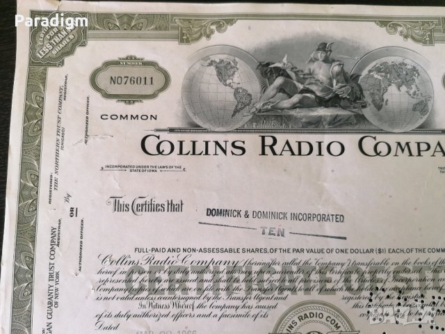 Сертификат за притежание на 10 акции (САЩ) | Collins Radio Company | 1966г., снимка 3 - Други ценни предмети - 34876413
