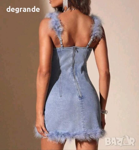 Уникална Дънкова рокля с пух, снимка 4 - Рокли - 51003522