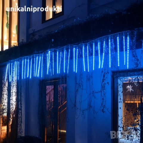 НОВО Падащ сняг коледни лампички снежно сини 3м х 50см 8бр. с функция стичаща светлина 