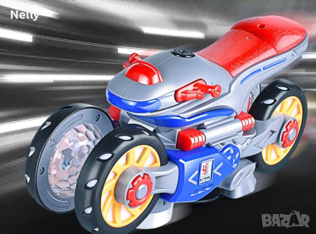 Каскадна, светеща играчка мотор, въртяща се на 360 градуса с подвижни гуми, снимка 1 - Коли, камиони, мотори, писти - 43263094