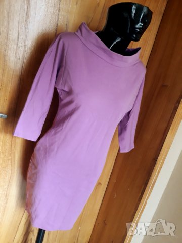 Светло лилава рокля с джобове и широка яка Л, снимка 2 - Рокли - 32855722
