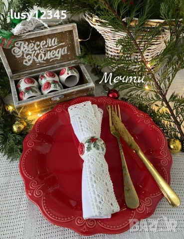 Дървена кутия с шест пръстени за салфетки-Весела Коледа! , снимка 4 - Декорация за дома - 52344756