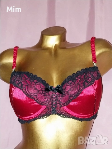75 В Червен сатенен сутиен с черна дантела , снимка 2 - Бельо - 53207786
