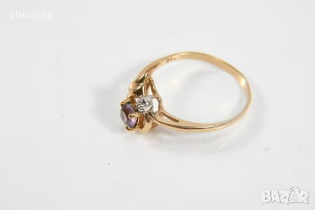 Стар златен пръстен - 10карата с  диамант и аметист, снимка 6 - Пръстени - 43361243