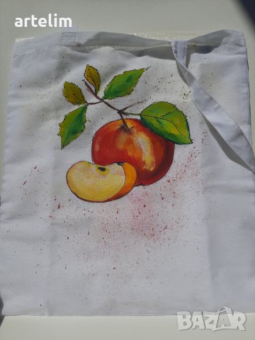 Ръчно рисувана торбичка  "Ябълки ", снимка 2 - Чанти - 36939393