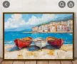 Пейзаж с три лодки на плажа пред италианския брегови град, снимка 2