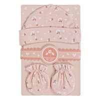Комплект памучна шапка и ръкавици, розови, за новородено, снимка 1 - Комплекти за бебе - 43571659