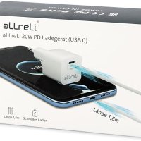 aLLreLi USB-C зарядно устройство 20 W PD 3 с 1,8 м кабел, USB-C към USB-C захранване, бързо зарядно , снимка 1 - Оригинални зарядни - 44088210