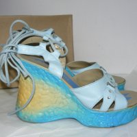 DIAMONDсини сандали, платформа 3см, ток 11см, светло синя еко кожа/жълто, каишки около глезена – 39 , снимка 2 - Дамски ежедневни обувки - 28762361