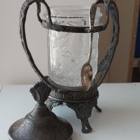 Стара антикварна захарница или съд за лед(метал стъкло), снимка 4 - Други ценни предмети - 40820061